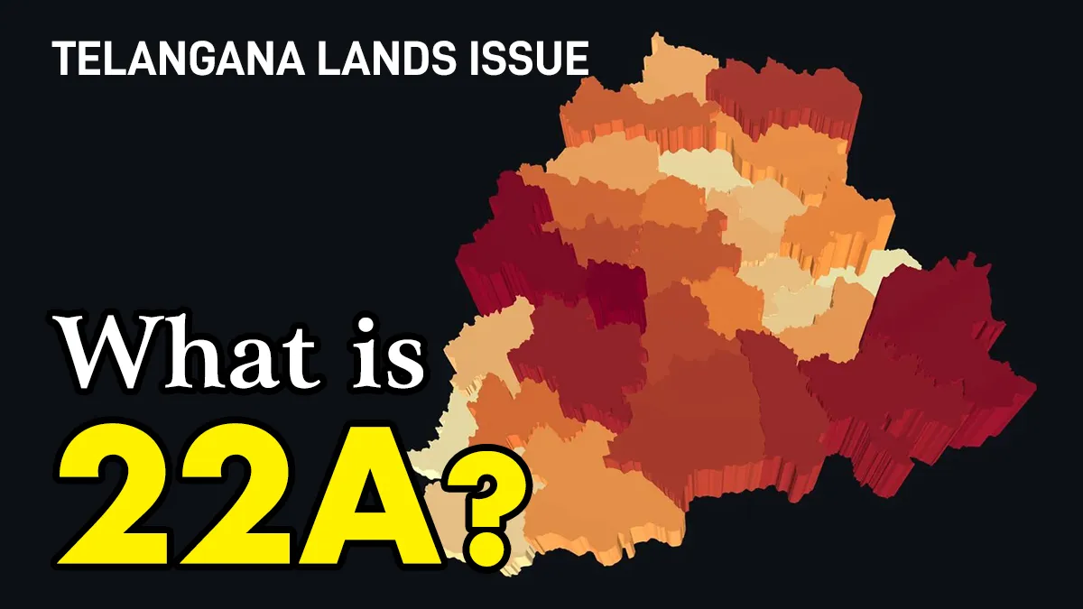3D map of Telangana districts shaded by the share of land flagged under Section 22A, with the headline 'What is 22A?'