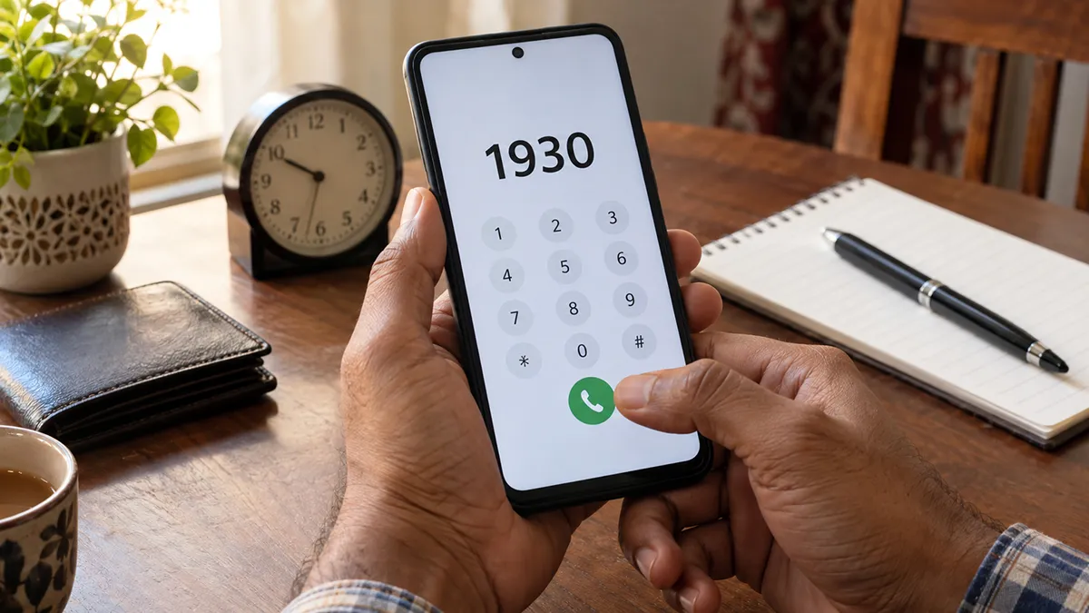 Hands dialling 1930, the cyber-fraud helpline, on a phone