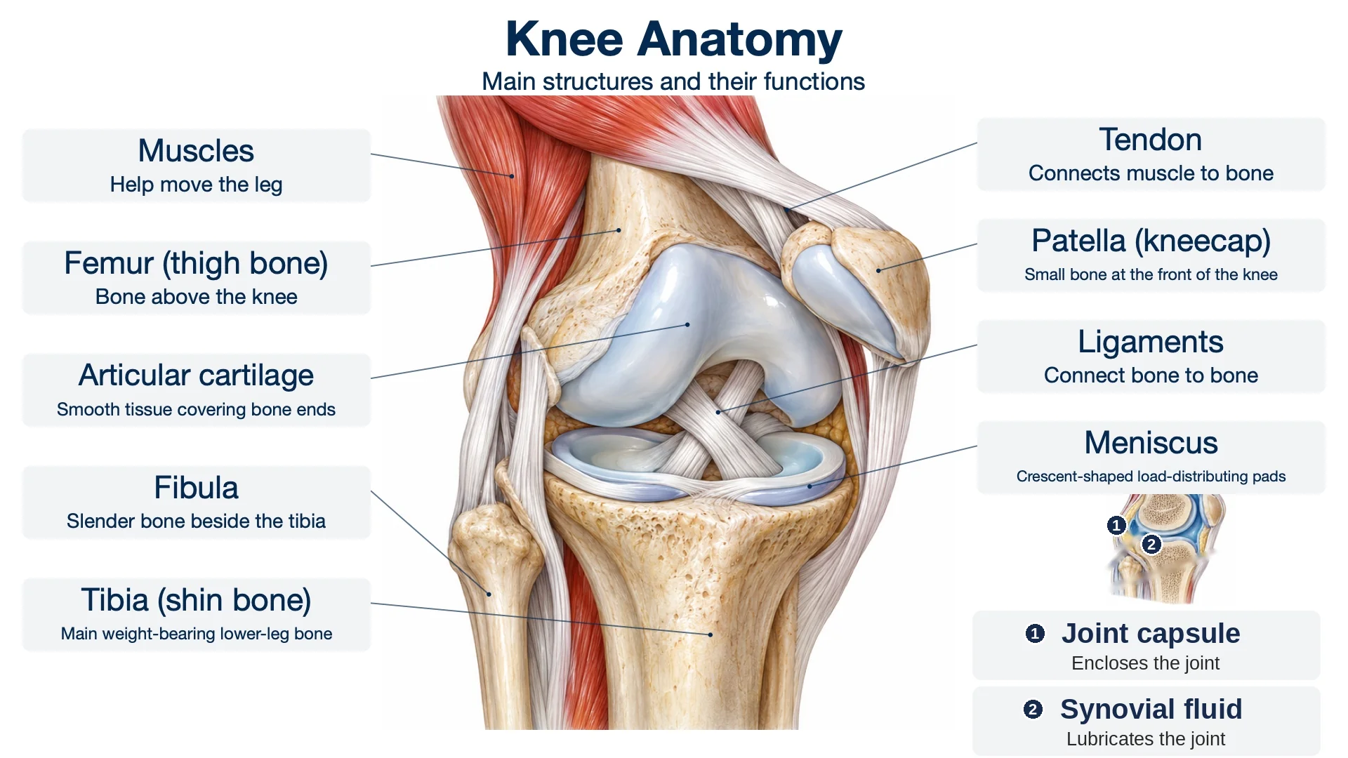Knee anatomy showing the femur, tibia, patella, articular cartilage, meniscus and ligaments