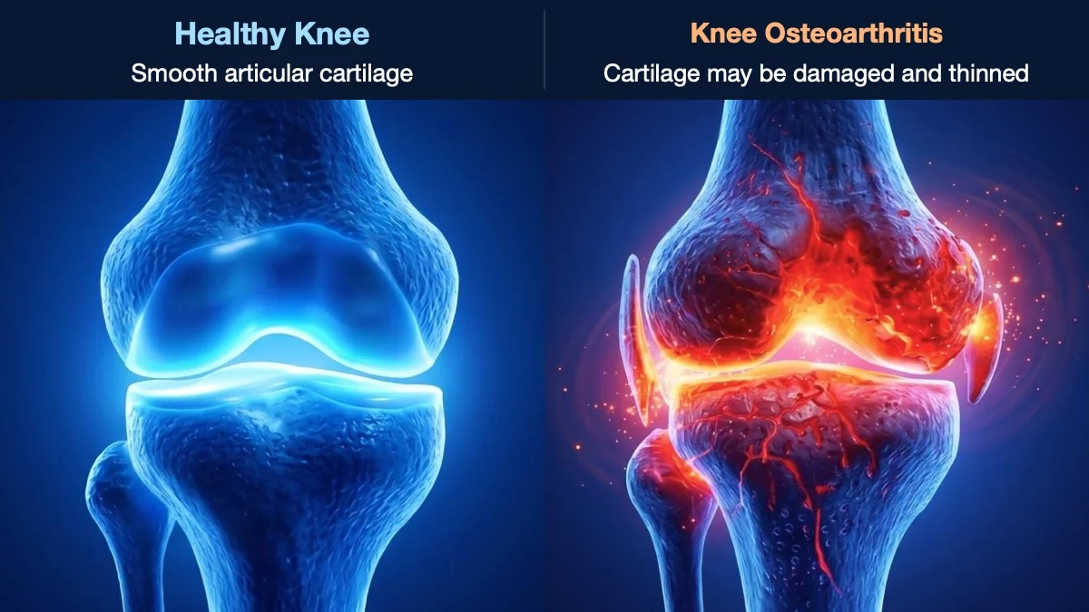 Healthy knee compared with a knee affected by osteoarthritis