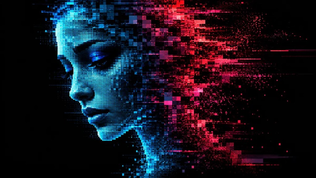 A woman's face breaking into blue and red pixels, symbolising an AI-morphed image
