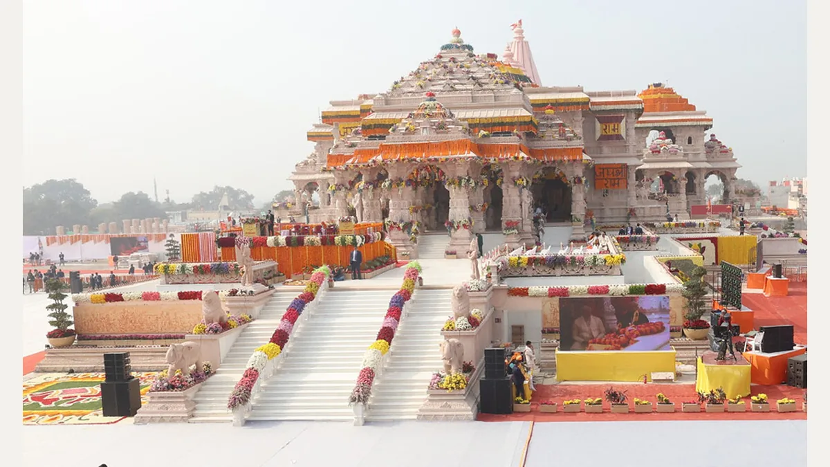 The Ram temple in Ayodhya decorated with flowers, with steps in front