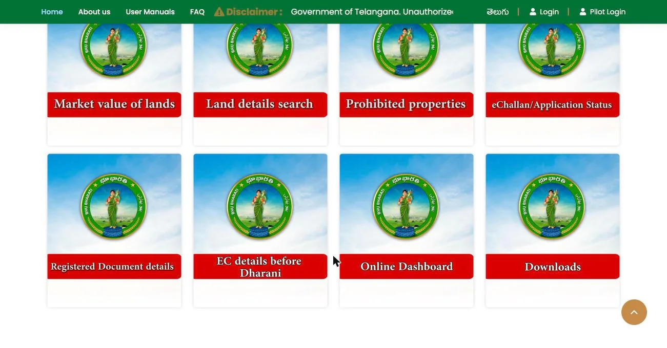 Bhu Bharati Information Services section with the Land details search card