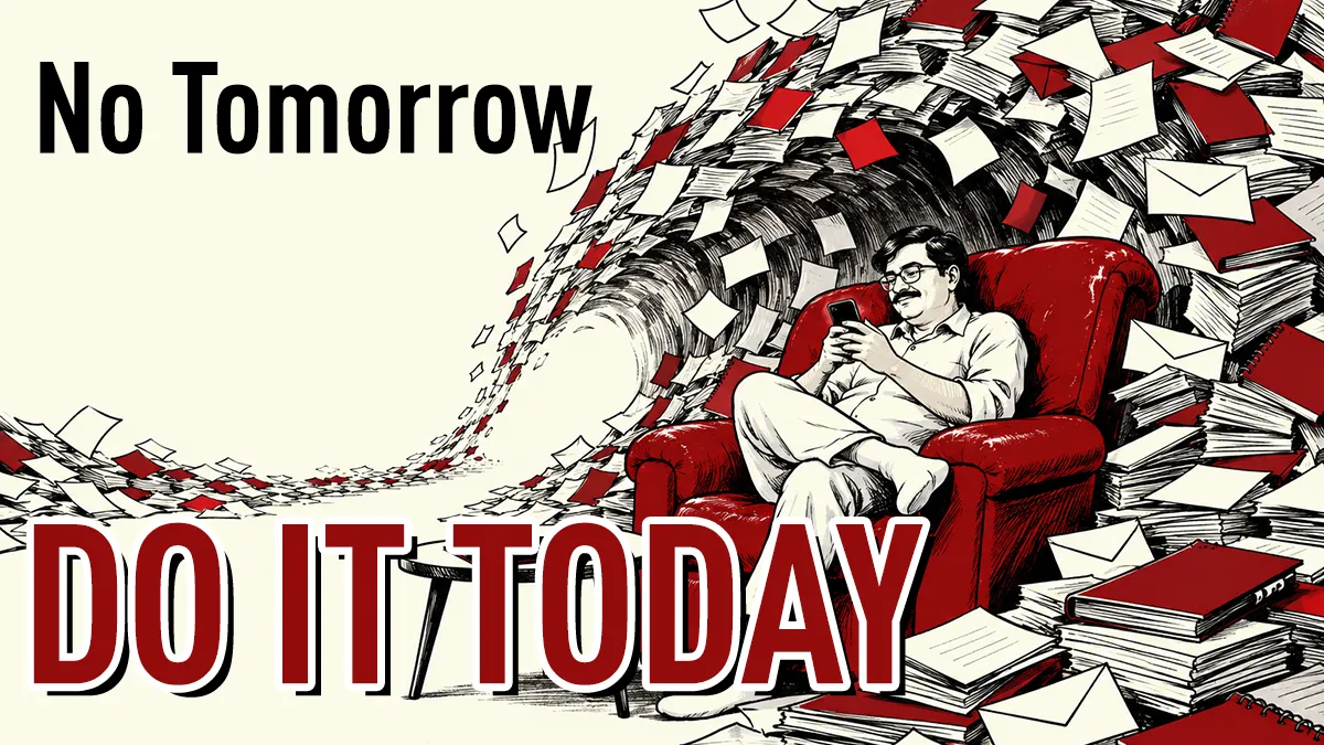 Man engrossed in his phone as a wave of pending work looms – Do it today