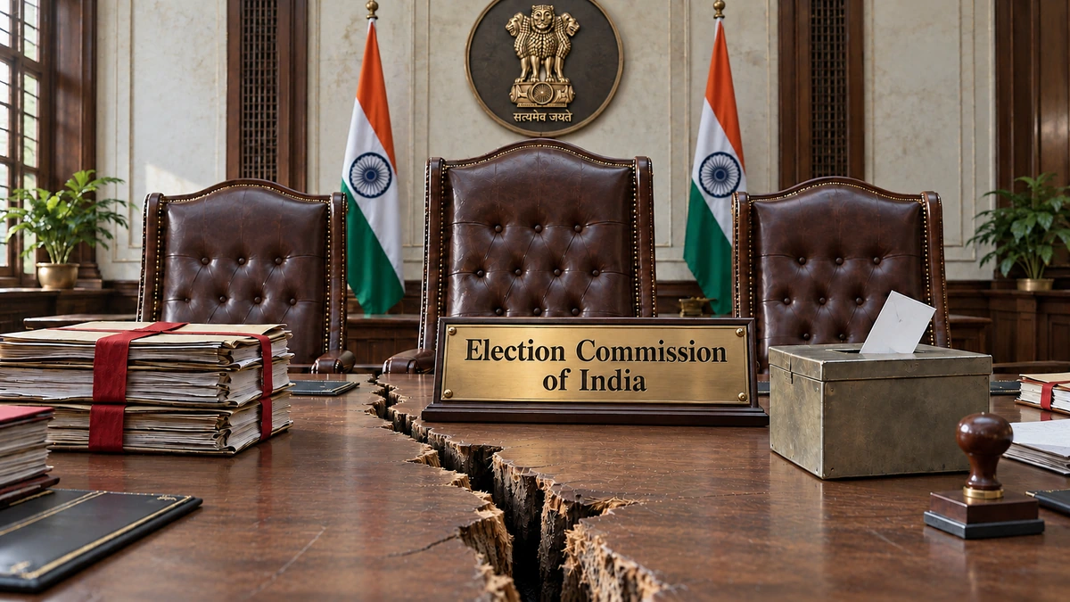'Election Commission of India' నేమ్ప్లేట్ ఉన్న పగిలిన టేబుల్, వెనక మూడు ఖాళీ కుర్చీలు, ఫైళ్లు, బ్యాలెట్ బాక్స్ (ప్రతీకాత్మక చిత్రం)