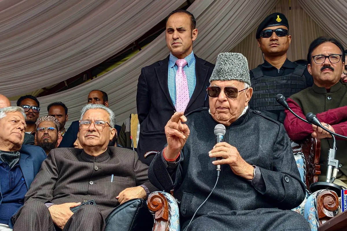 Farooq Abdullah at a party workers' meeting in Baramulla, October 2026