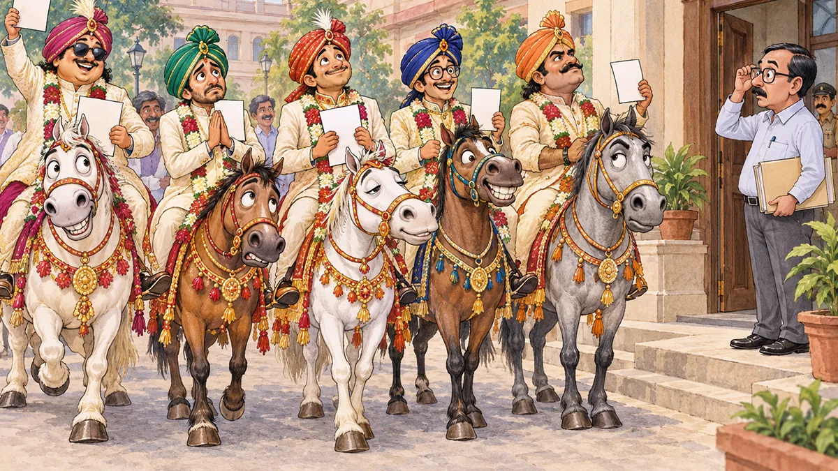 గుర్రాలెక్కి వినతిపత్రాలతో కలెక్టర్ ఆఫీసుకు వచ్చిన పెళ్లికొడుకులు
