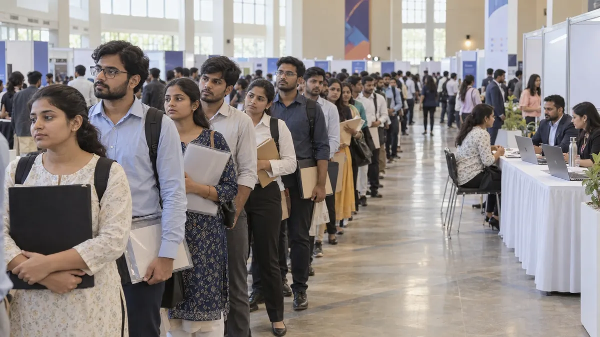 ఉద్యోగ మేళాలో ఫైళ్లతో వరుసలో నిలబడ్డ యువత