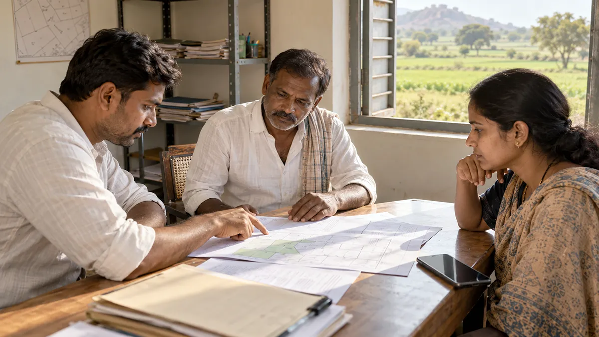 A family reviewing land documents and a map for a record correction