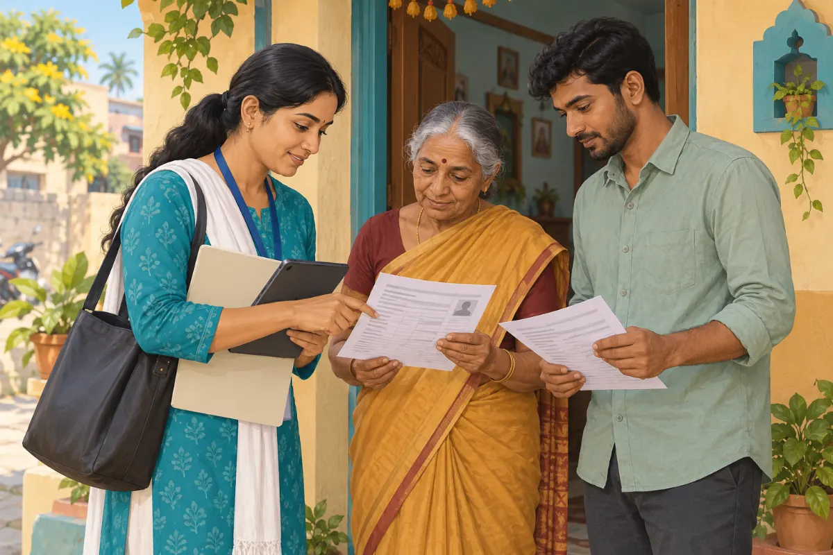ఇంటి గుమ్మం దగ్గర పెద్దావిడకు, ఆమె కొడుకుకు పత్రాలు చూపిస్తున్న బూత్ స్థాయి అధికారి