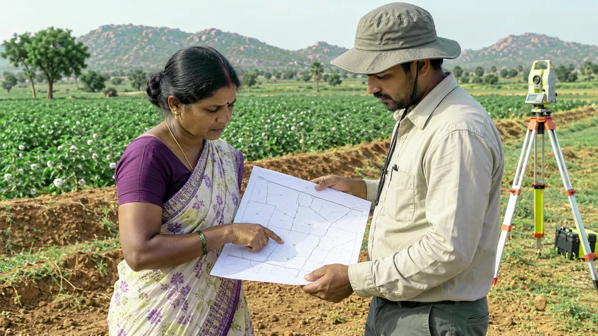 A woman farmer and a surveyor checking a land survey map in the field