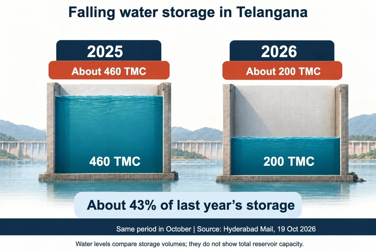 Telangana reservoir storage falling from about 460 TMC in 2025 to 200 TMC in 2026
